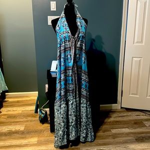 XL chic me boho dress - blue white tan and purple  - double tie